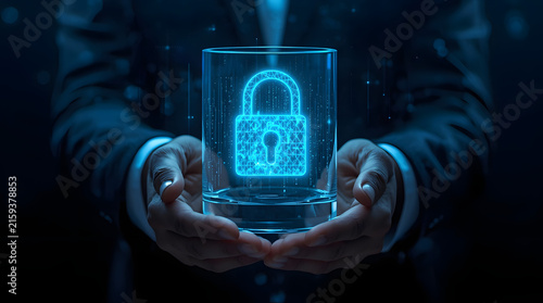 Futuristic digital security concept featuring a holographic blue padlock held in professional hands