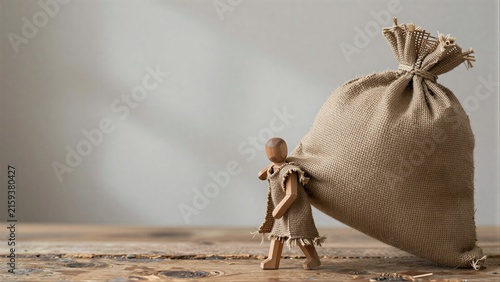 Two wooden figures carry a heavy burlap sack, symbolizing shared burdens.