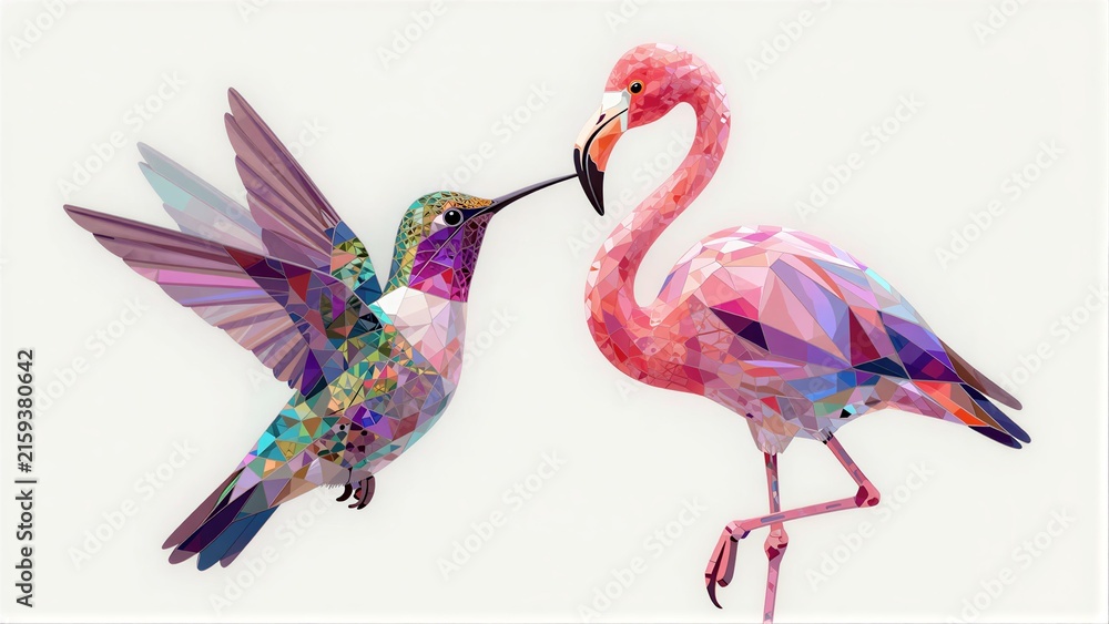 Naklejka premium A vibrant, geometric hummingbird and flamingo share a colorful, stylized moment.