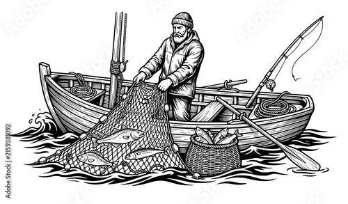 Fotografía Traditional Fisherman Black Vector Collection with Wooden Boat, Fishing Net, Fis