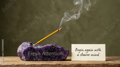 Burning incense stick rests on a purple amethyst crystal with a fresh attention text next to a motivational card on a rustic wooden table, perfect for mindfulness and spiritual wellness concept