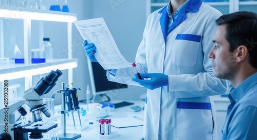 Doctor Discusses Test Results with Patient in Modern Laboratory, Microscope and Test Tubes Visible