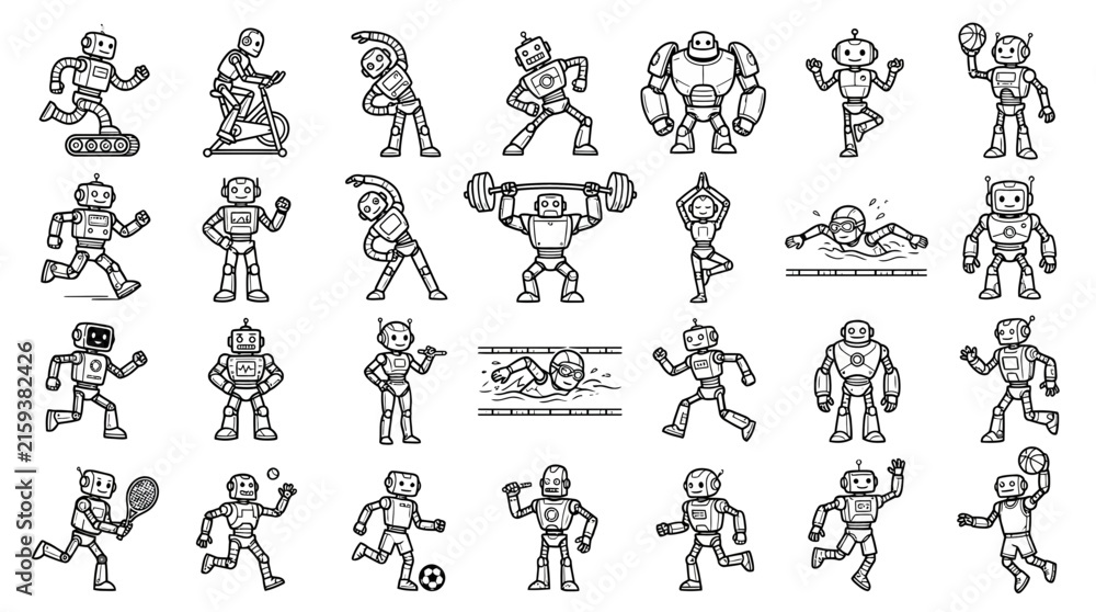 Obraz premium Robot fitness icons featuring various athletic poses, workout routines, and sports activities in black and white vector line art.