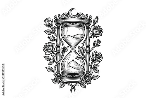 Ornate Hourglass with Roses and Crescent Moon Illustration