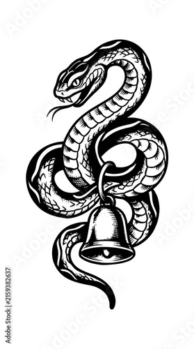 Stylized Rattlesnake with Bell, Tattoo Art Style