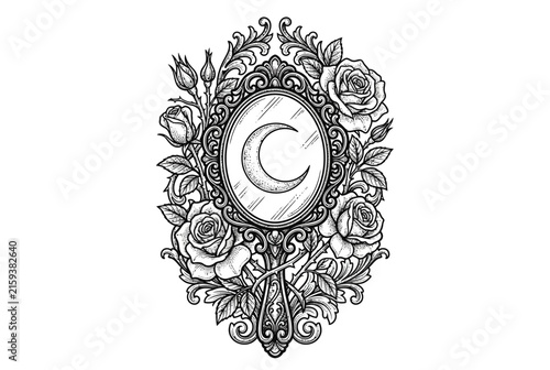 Ornate Mirror with Roses and Crescent Moon Illustration
