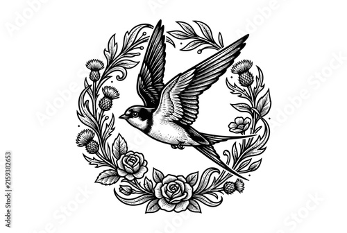Swallow Bird Flying Through Floral Wreath