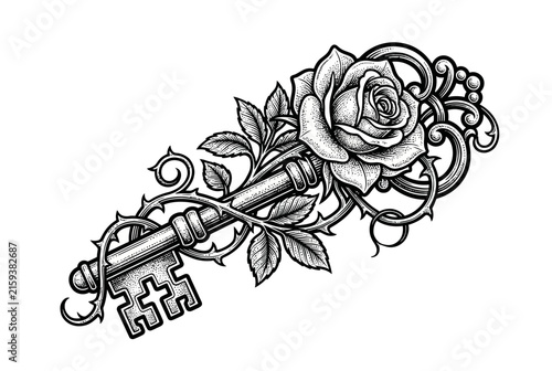 Antique Key with Rose and Thorns Tattoo Design