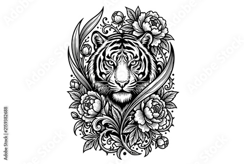 Tiger Head Surrounded by Floral Elements Illustration