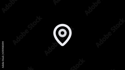 Minimalist white location pin icon isolated on a solid black background.