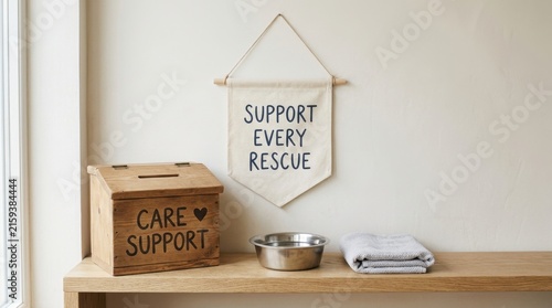 Rustic wooden donation box with care support text sits on a timber shelf next to a metal pet bowl and towel under a support every rescue banner, representing animal welfare and community charity