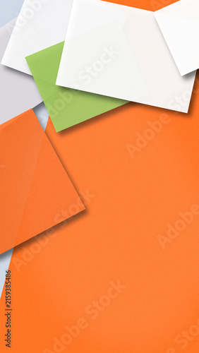 Canvastavla A neat stack of white and green paper sheets rests on a vivid orange surface, creating a clean, modern backdrop suitable for presentations, design mockups, or stationery promos
