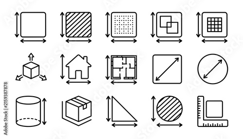 Dimension and Blueprint Measurement Icon Set Featuring Architecture Floor Plans, Geometric Shapes, House Scaling, 3D Object Volumes, Ruler Scales, and Area Size Symbols