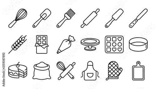 Baking and Pastry Kitchen Tool Icon Set Featuring Whisk, Rolling Pin, Apron, Piping Bag, Cake Stand, Chocolate, Oven Mitt, and Culinary Outline Symbols