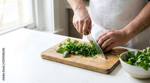 Close up of a chef hands chopping fresh green herbs on a wooden cutting board in the kitchen