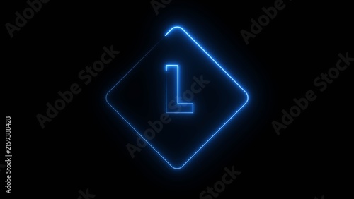 Neon blue letter l inside glowing rounded rhombus isolated on dark black background design.