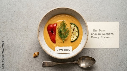 Healthy vegetable cream soup bowl with grilled pepper and zucchini slices featuring paper notes with conceptual text about coverage and base support on a neutral grey stone surface for pure culinary .