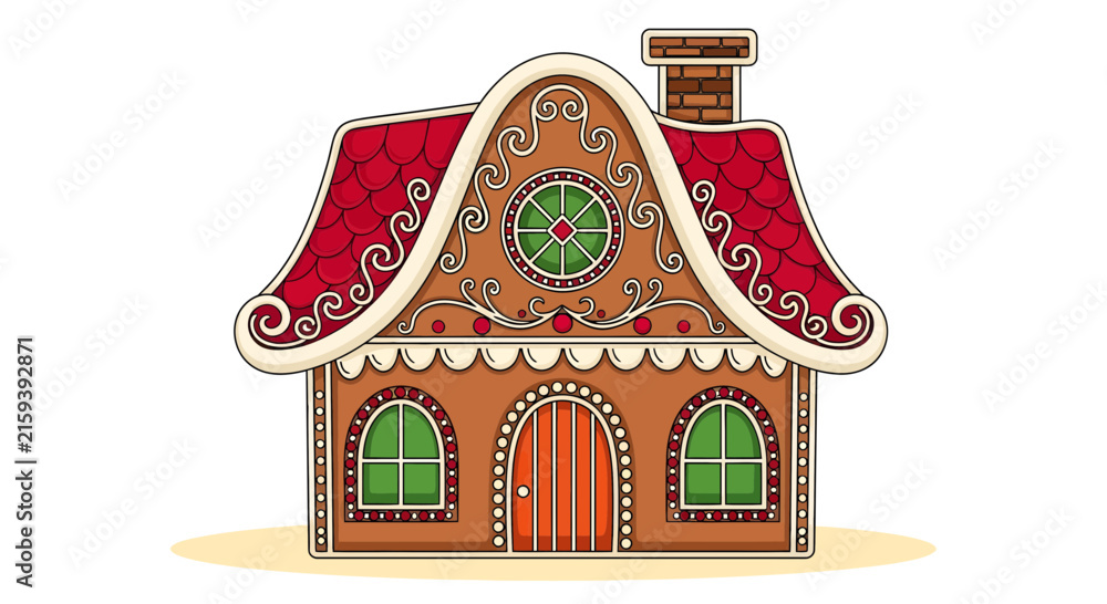 Naklejka premium Whimsical cartoon cottage with ornate roof and bright doorway.