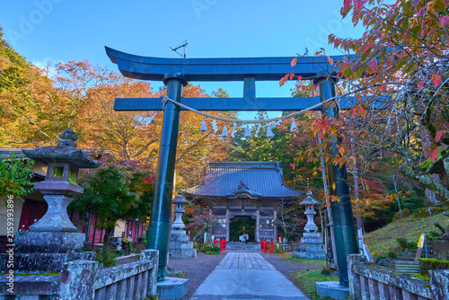 秋の群馬県高崎市 榛名神社に向かう参道から鳥居と随神門を見る