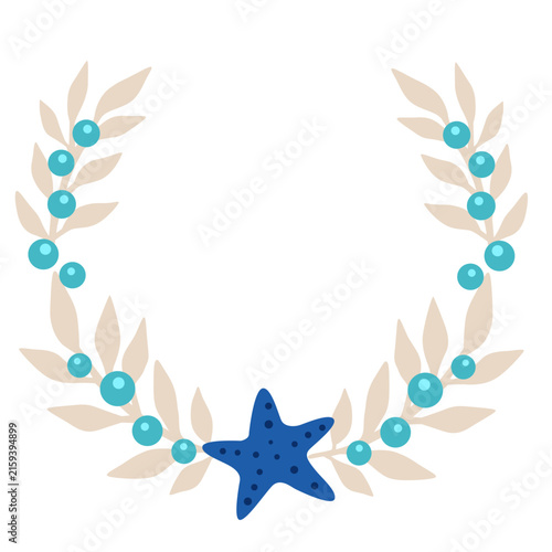 Coastal Christmas Wreath with Beige Leaves, Teal Bubbles, and Blue Starfish for Summer Holiday, Summer Christmas and coastal concept.