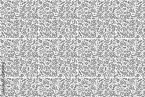 Abstract doodle line art seamless pattern illustration with hand drawn grayscale shapes, seamless