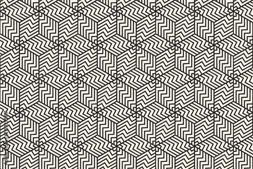 Optical illusion geometric isometric cube pattern with black and white zigzag lines background