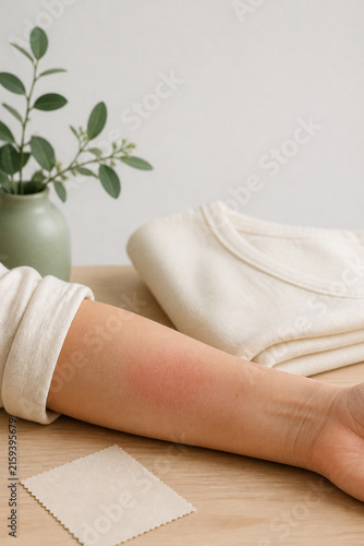Closeup of a forearm with mild redness resting on a light wooden surface, a soft cream shirt nearby, portraying skincare, spa, wellness, and a gentle healthful treatment mood.