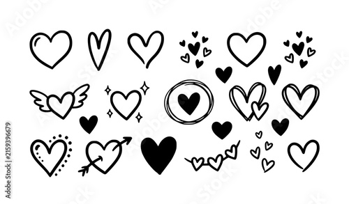 Bild auf Leinwand Hand drawn red heart doodles and love symbols cute Valentine vector clipart coll