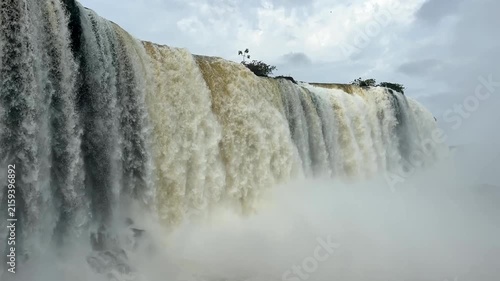 Majestic Iguazu Falls in Brazil with powerful water cascades and misty spray under a cloudy sky