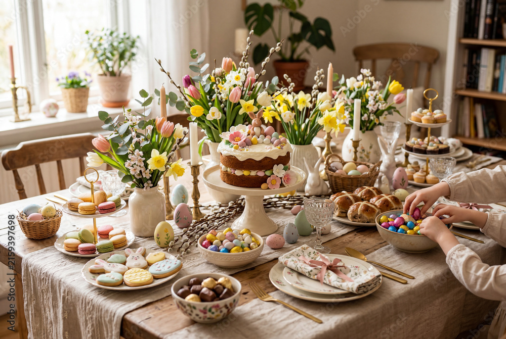 Fototapeta premium Festive Easter Dining Table Setting with Spring Flowers and Holiday Treats