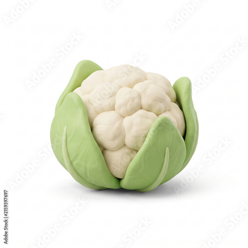 Fresh whole organic cauliflower vegetable illustration with vibrant green leaves in minimalist 3D clay style