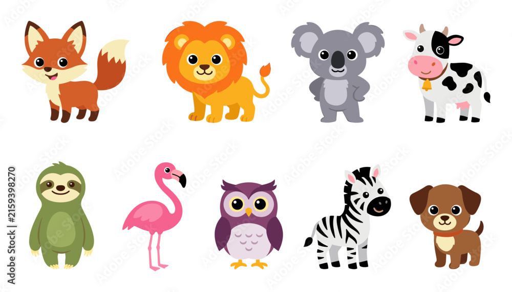 Fototapeta premium Cute Cartoon Animals Vector Character Set Featuring Fox Lion Koala Cow Sloth Flamingo Owl Zebra and Dog for Kids Nursery and School Graphic Designs