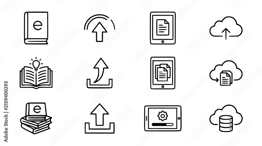 Fototapeta premium Digital Library & Cloud Upload Icons: Books, Tablets, Data Transfer, Storage