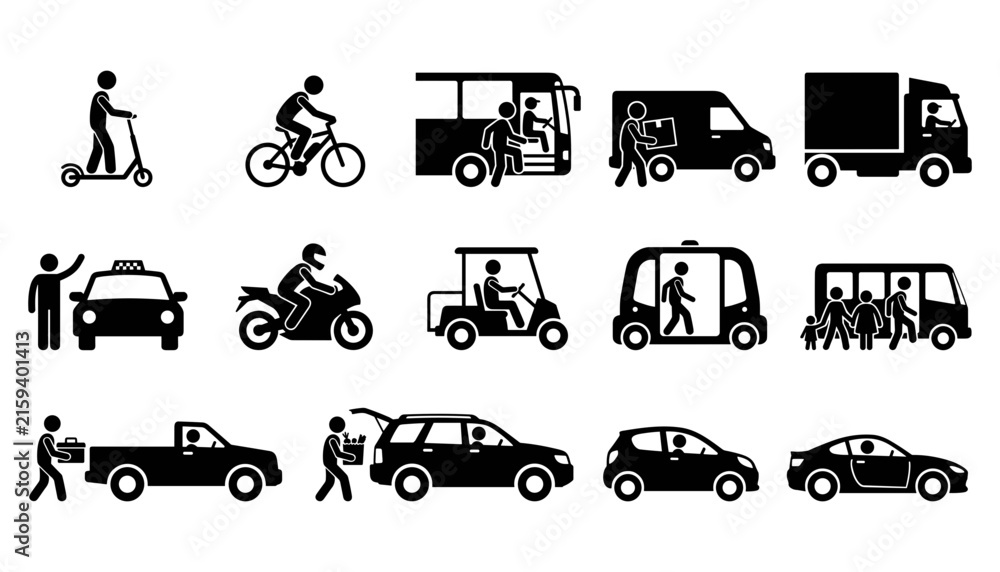 Fototapeta premium Set of transportation icons featuring various vehicles and people commuting or loading cargo