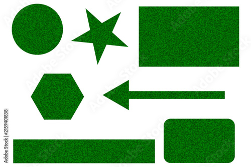 Green glitter geometric shapes set including circle star rectangle hexagon arrow and banner isolated on transparent background