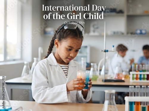 Young girl student doing science experiment in laboratory for international day of girl