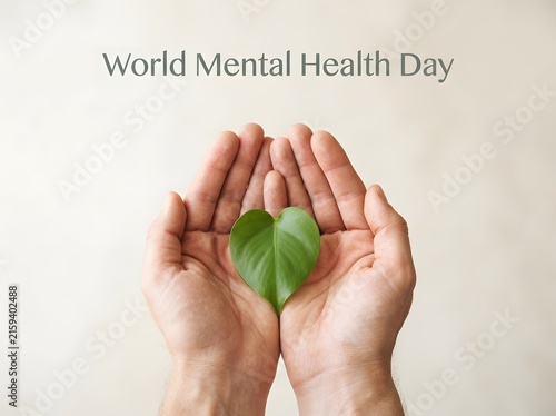 Hands holding a green heart shaped leaf for world mental health day awareness campaign