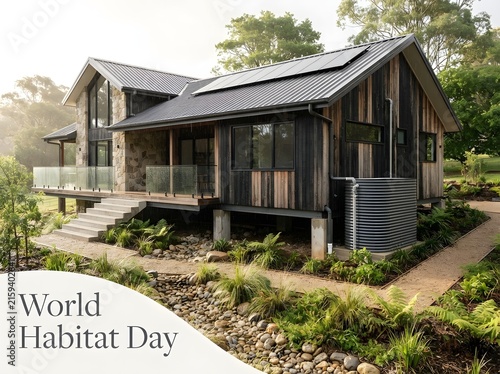 Modern dark house with solar panels and eco friendly garden for world habitat day