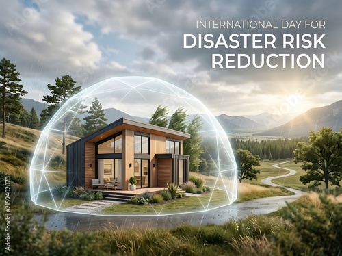Modern house inside a protective glass dome during the international disaster risk day
