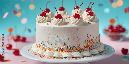 A white frosted cake is decorated with whipped cream, red cherries, and colorful confetti on a pastel background.