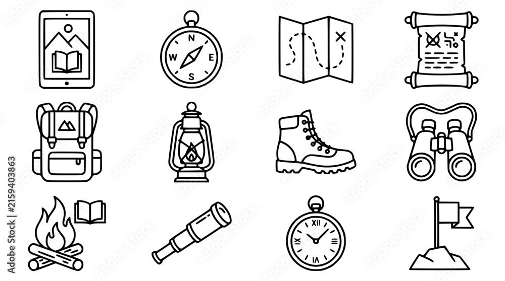 Fototapeta premium Camping and Hiking Icons: Adventure, Exploration, and Outdoors Gear