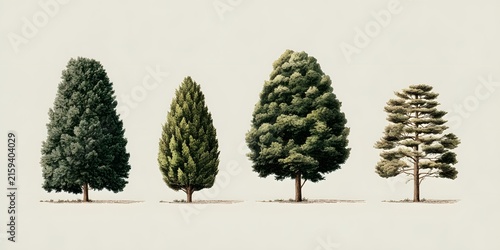 Four distinct tree species are shown side by side against a plain background.