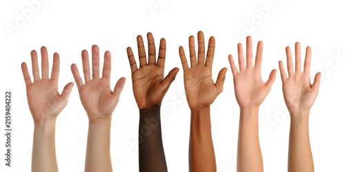 Several human hands of various skin tones are raised upward against a plain white background.