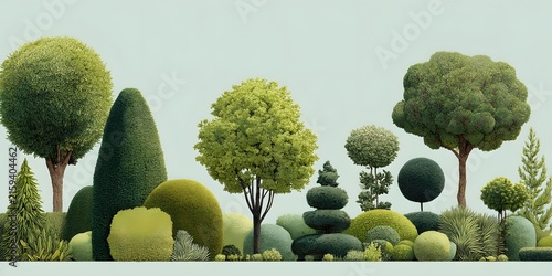 Various stylized trees and shrubs arranged in a colorful landscape with soft lighting and clean white background.