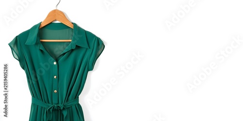 Elegant emerald green dress hanging on wooden hanger against clean white background