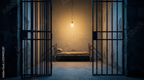 Empty prison cell with open iron bars featuring a rusty cot and single hanging incandescent bulb.