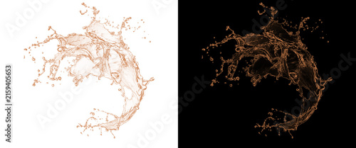 Dynamic liquid splash of brown coffee or tea, isolated water crown on white and black backgrounds, splash design element for beverage advertising