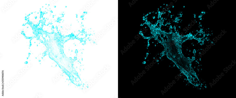 Obraz premium Purple liquid splash isolated on white and black background, dynamic water burst with flying droplets, violet paint splashing effect