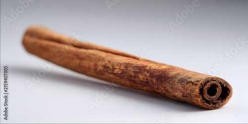 A single rolled cinnamon stick rests on a neutral surface with soft lighting and a shallow depth of field.