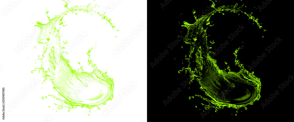 Obraz premium Green liquid splash in circular motion, dynamic lime juice splash on black and white backgrounds, refreshing beverage splash design element